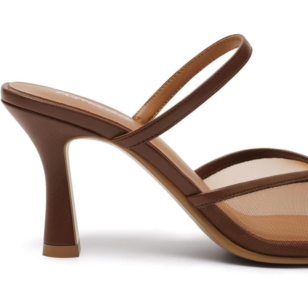 Women's Mesh Mule Brown Heels with Memory Foam Insole Pointy Toe Arch Support - Picture 4 of 4